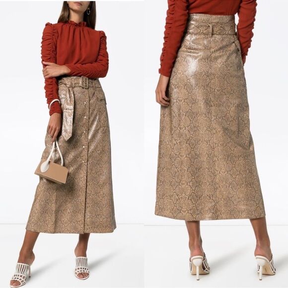 Nanushka Women's Aarohi Brown Snakeskin Midi Skirt Sz Medium Button Snaps Animal - Picture 1 of 12
